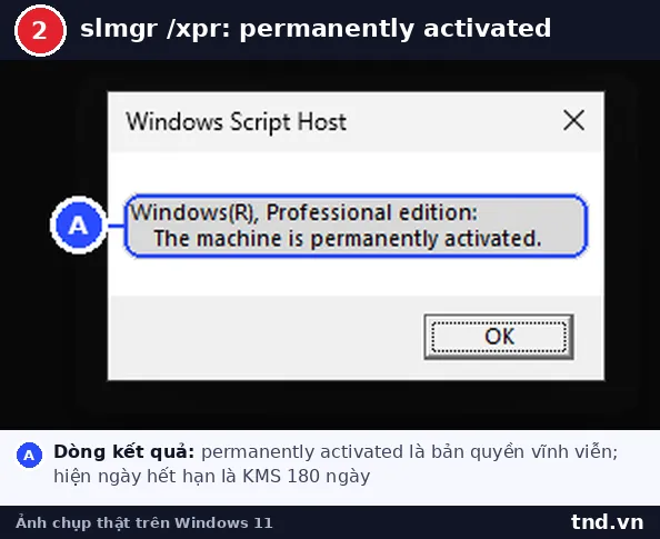 Kết quả lệnh slmgr /xpr báo Windows is in Notification mode