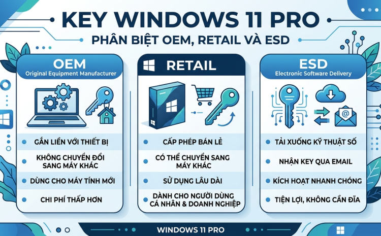 Các loại key Windows 11 Pro: OEM, Retail, ESD khác nhau thế nào