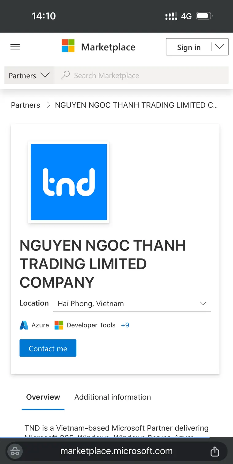 Hồ sơ đối tác Microsoft của NGUYEN NGOC THANH TRADING LIMITED COMPANY (TND) trên Microsoft Marketplace