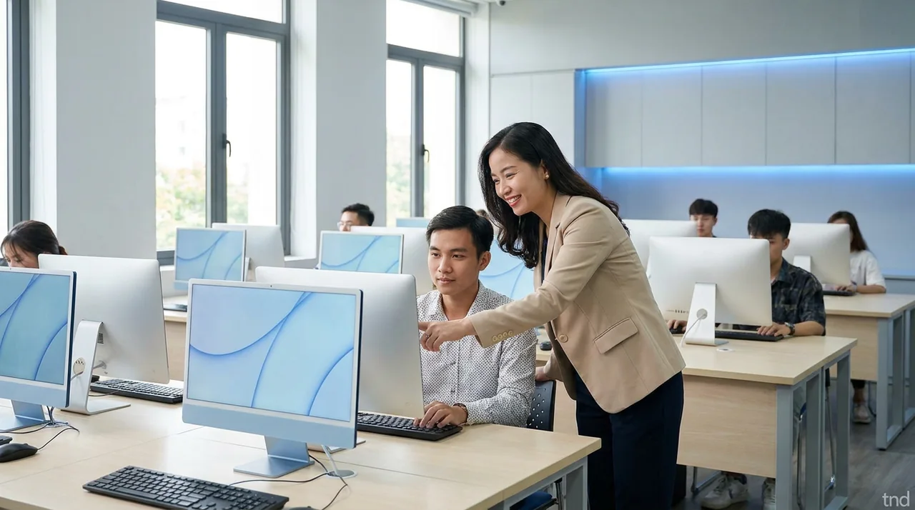 Giảng viên hướng dẫn sinh viên trong phòng máy trường đại học, minh hoạ bản quyền Microsoft giá giáo dục tại TND