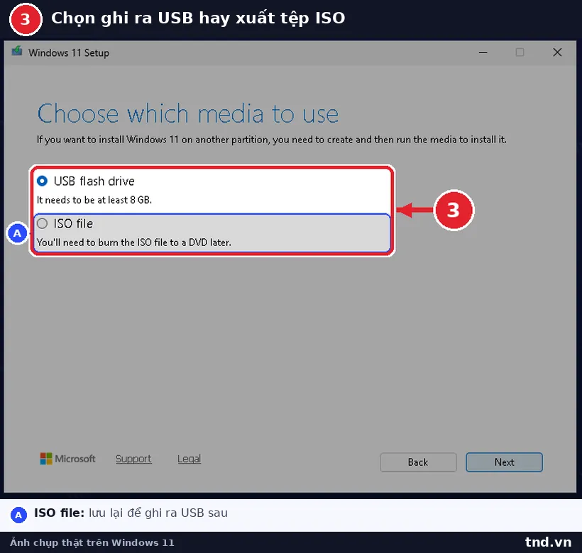 Màn hình Choose which media to use với hai lựa chọn USB flash drive và ISO file