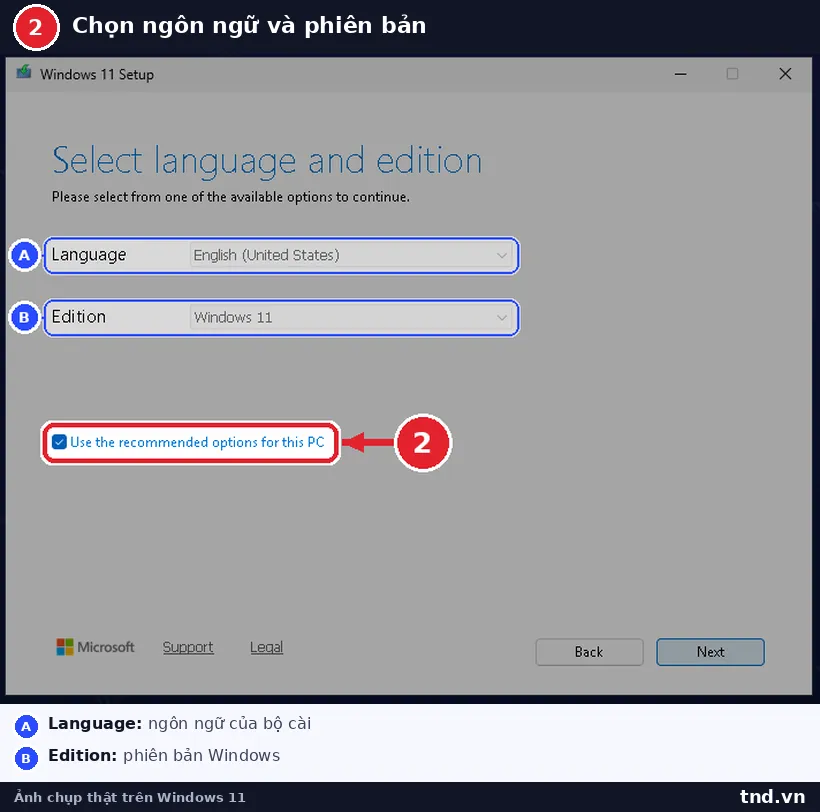 Màn hình Select language and edition của Media Creation Tool