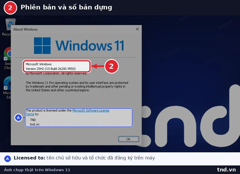 Cửa sổ About Windows hiện Version 25H2 và OS Build 26200.9457