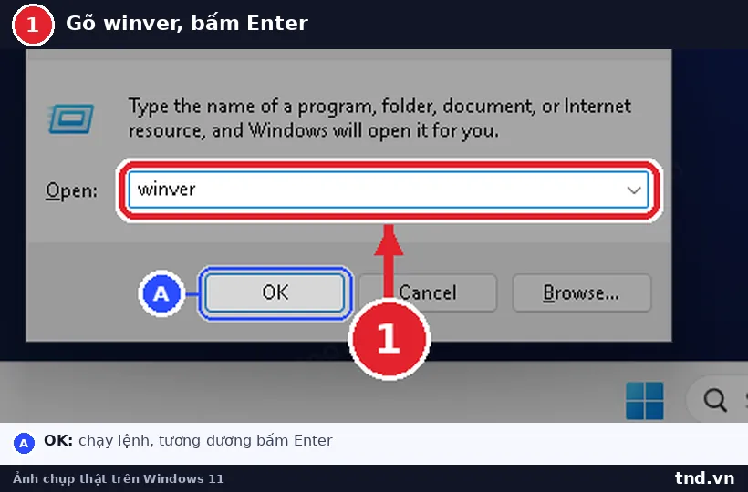 Gõ lệnh winver trong hộp thoại Run