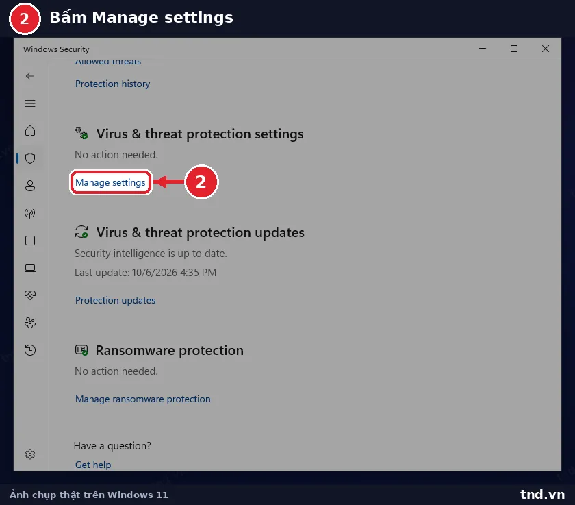 Liên kết Manage settings trong Virus & threat protection settings