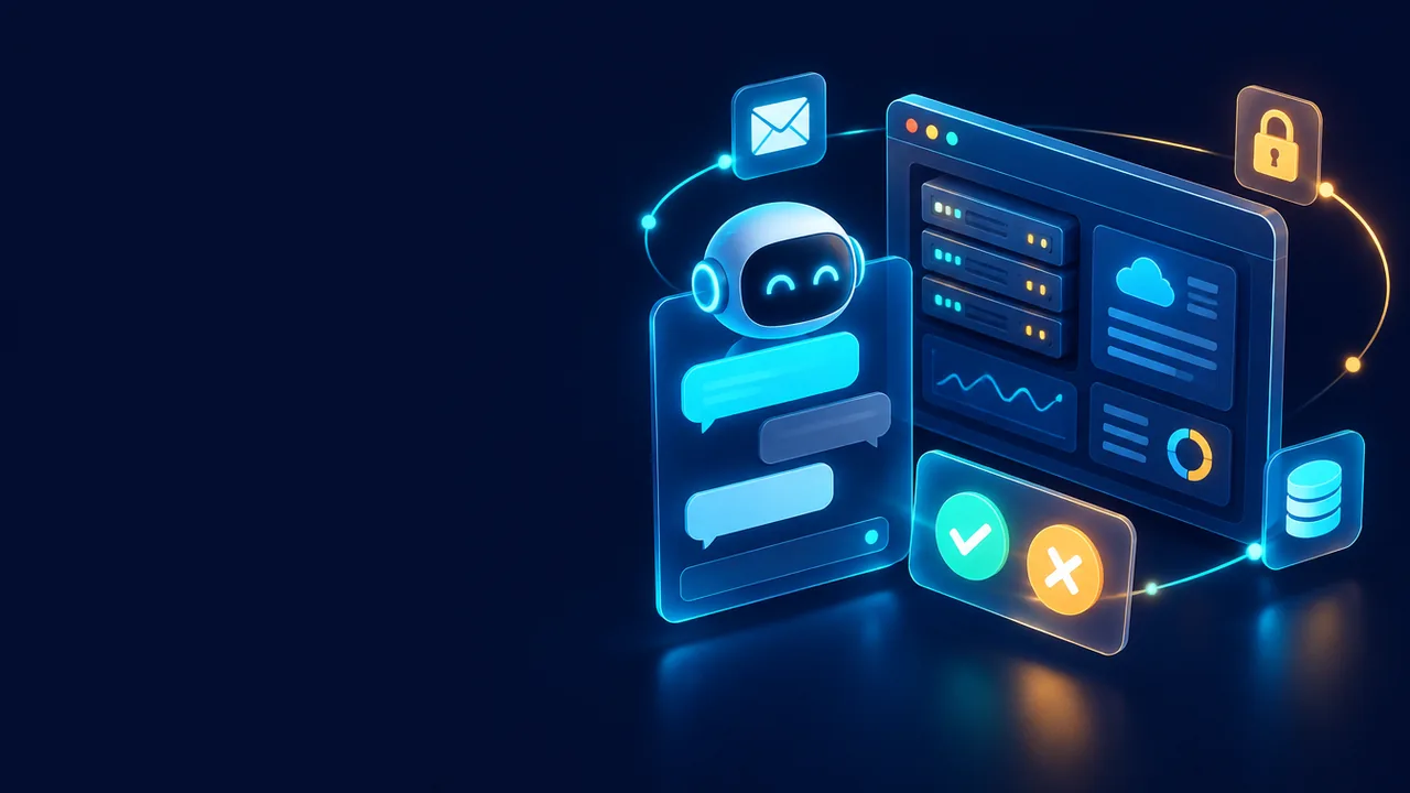 Minh họa AI Assistant trong cPanel với khung chat và thẻ duyệt thay đổi Approve, Deny