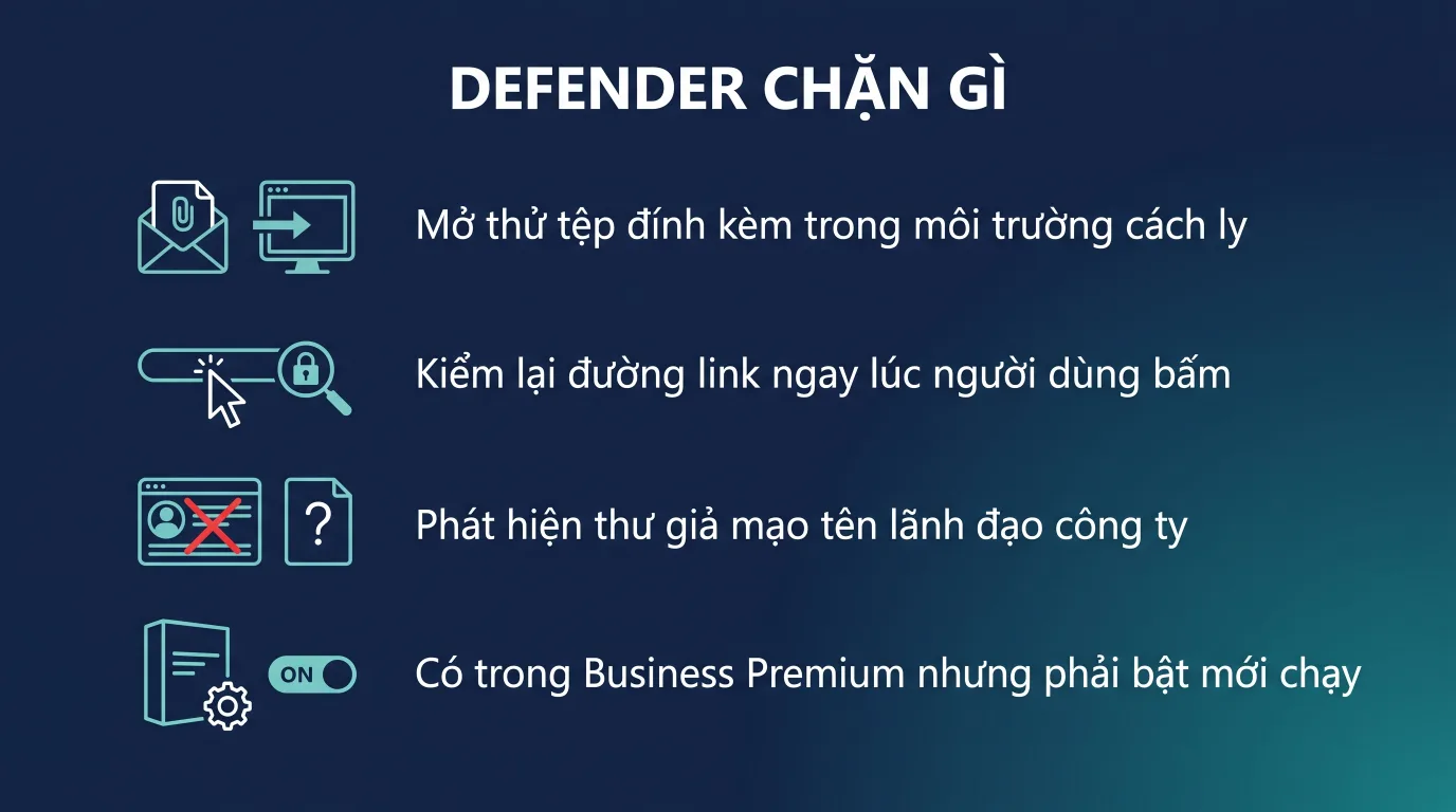 Microsoft Defender for Office 365 chặn được gì