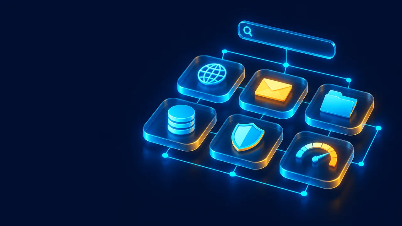 Minh họa giao diện cPanel Meridian với 6 hub: Websites, Email, Files, Databases, Security, Performance