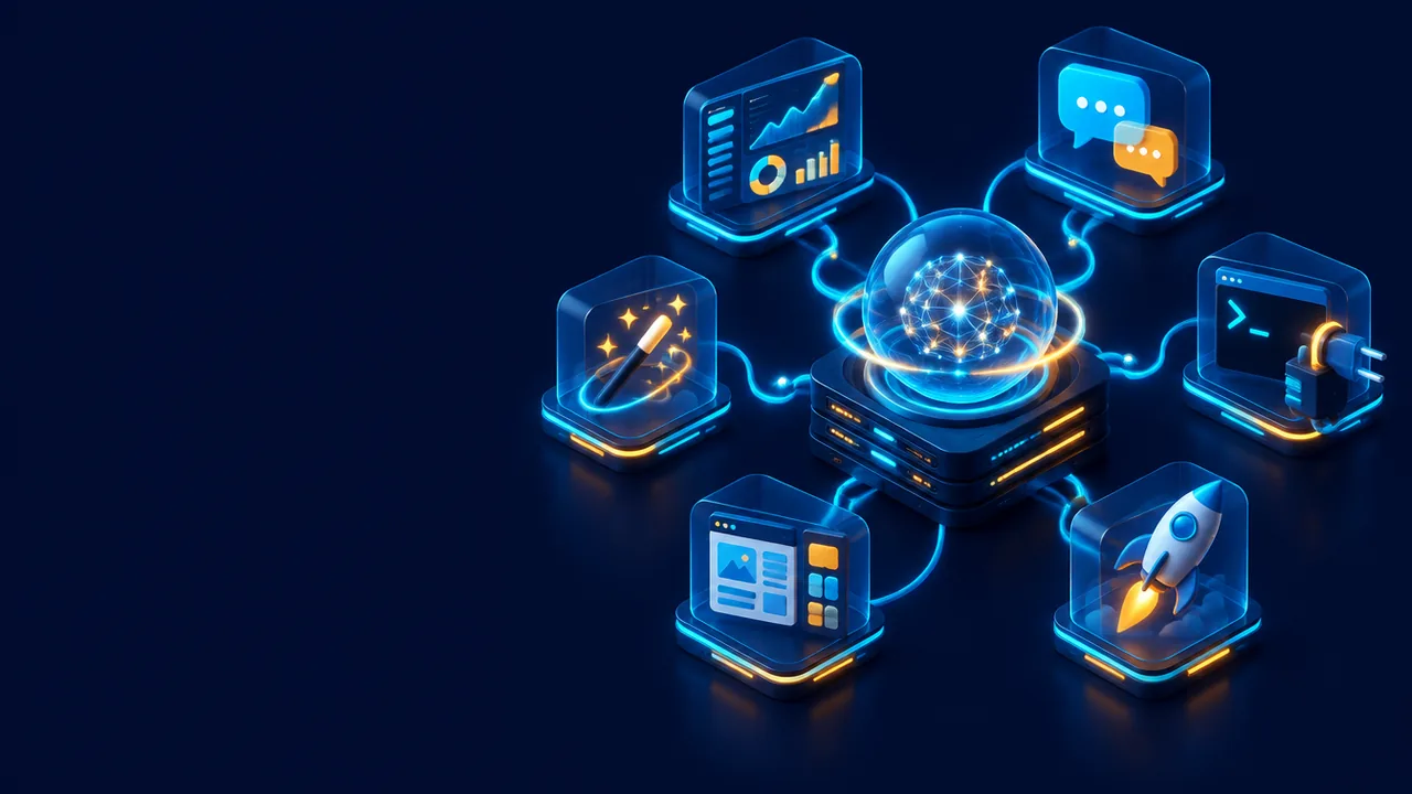 Minh họa hệ sinh thái cPanel AI-native: lõi AI kết nối dashboard, chat, terminal MCP, deploy, website builder