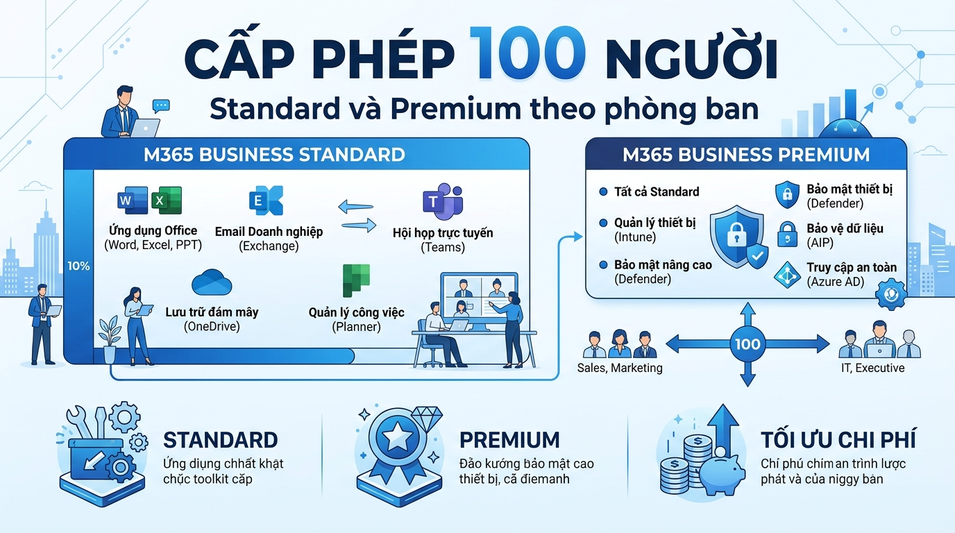 Công ty 100 người: mua Microsoft 365 Standard cho toàn bộ hay chia Standard và Premium theo phòng ban