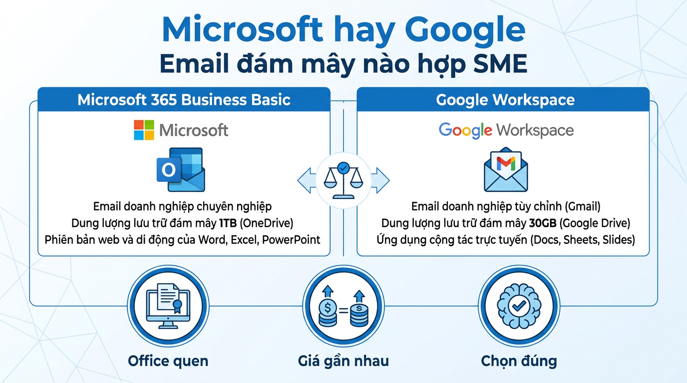 Microsoft 365 Business Basic hay Google Workspace Business Starter: email đám mây nào hợp SME