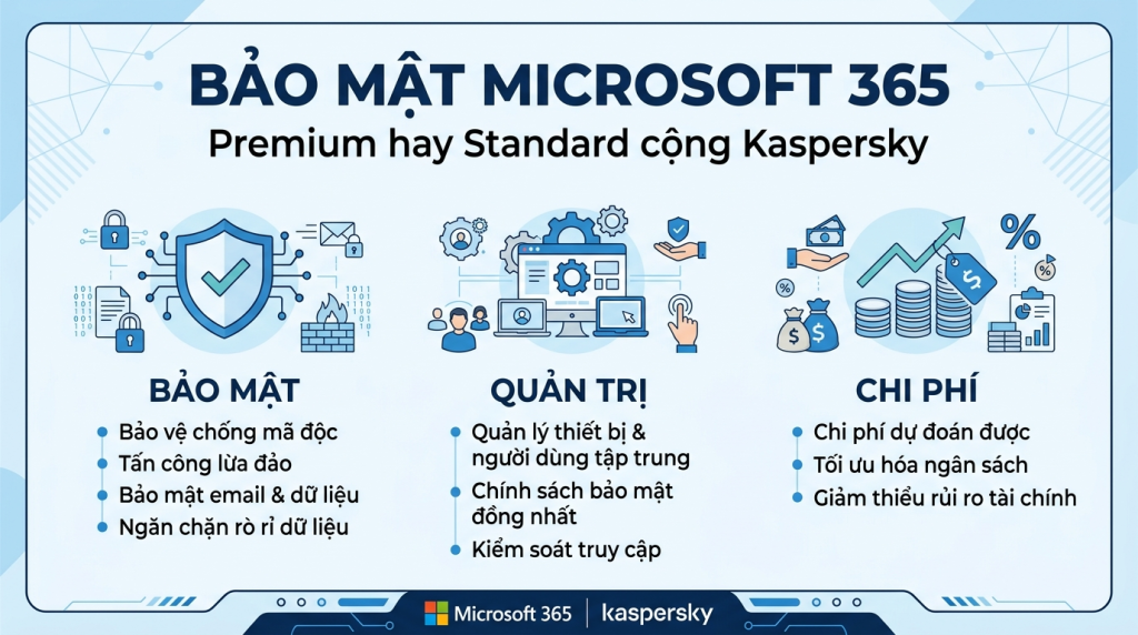 Microsoft 365 Business Premium hay ghép Standard cộng Kaspersky: bảo mật cách nào lợi
