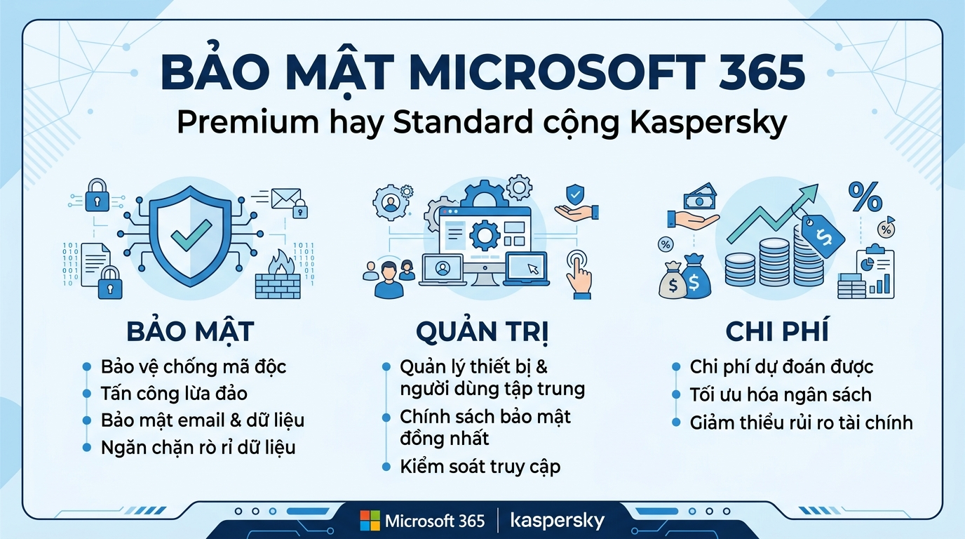 Microsoft 365 Business Premium hay ghép Standard cộng Kaspersky: bảo mật cách nào lợi