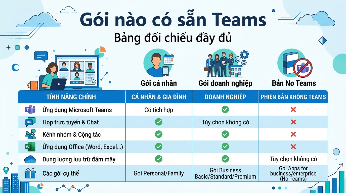 Gói Microsoft 365 nào có sẵn Teams, gói nào phải mua thêm