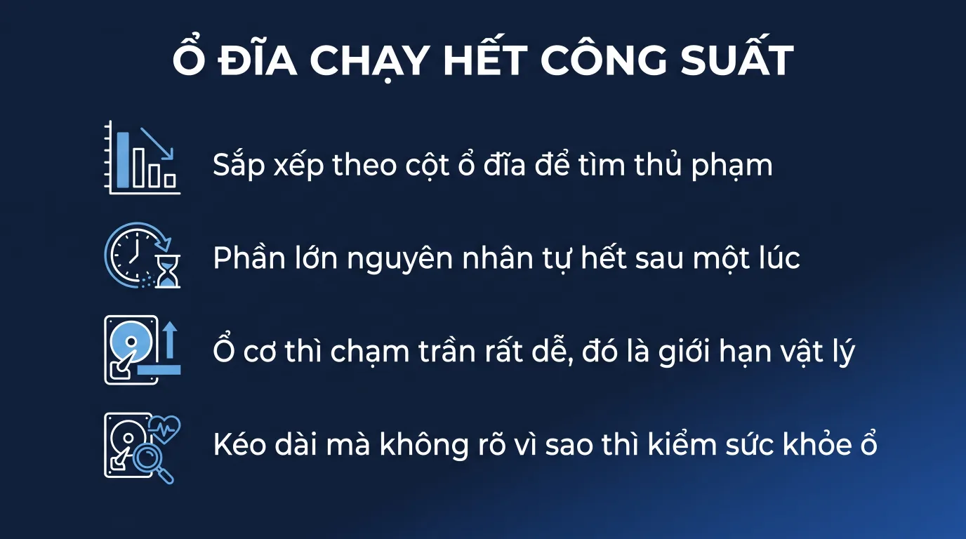 Ổ đĩa chạy 100% trong Task Manager: nguyên nhân thật