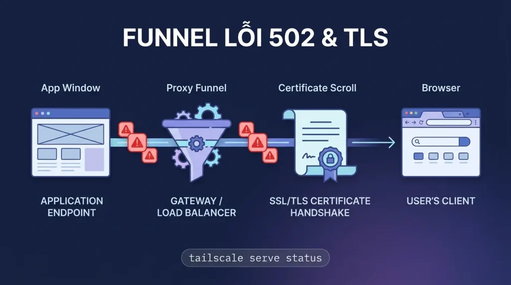 Tailscale Funnel lỗi 502, TLS handshake, cert: cách sửa