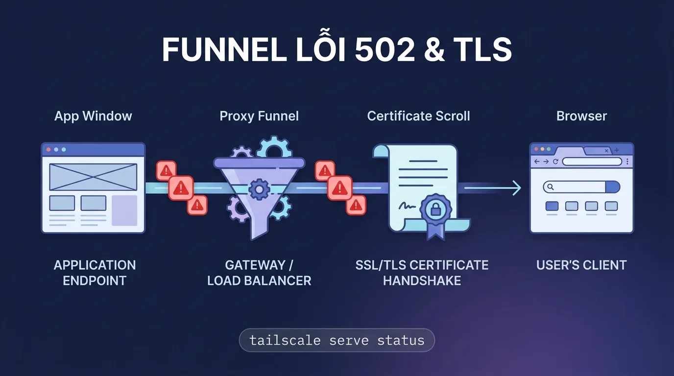Tailscale Funnel lỗi 502, TLS handshake, cert: cách sửa