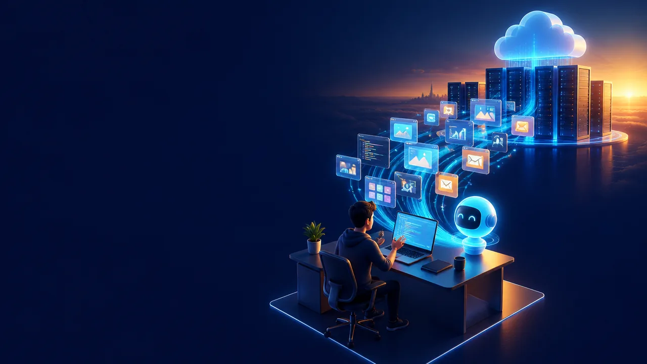 Minh họa vibe coder làm việc cùng AI, các app nhỏ bay lên hạ tầng server và cloud