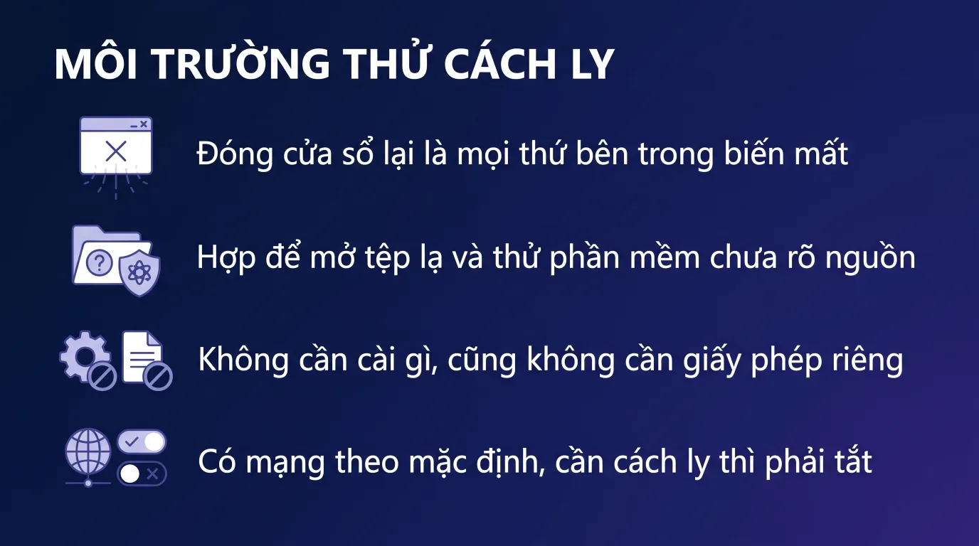 Windows Sandbox: chạy thử phần mềm lạ không hại máy