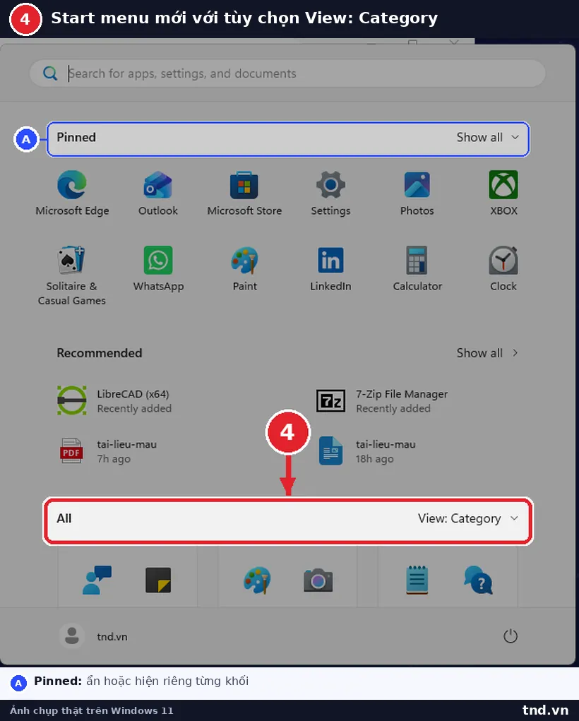 Start menu Windows 11 26H2 có mục All kèm tùy chọn View Category