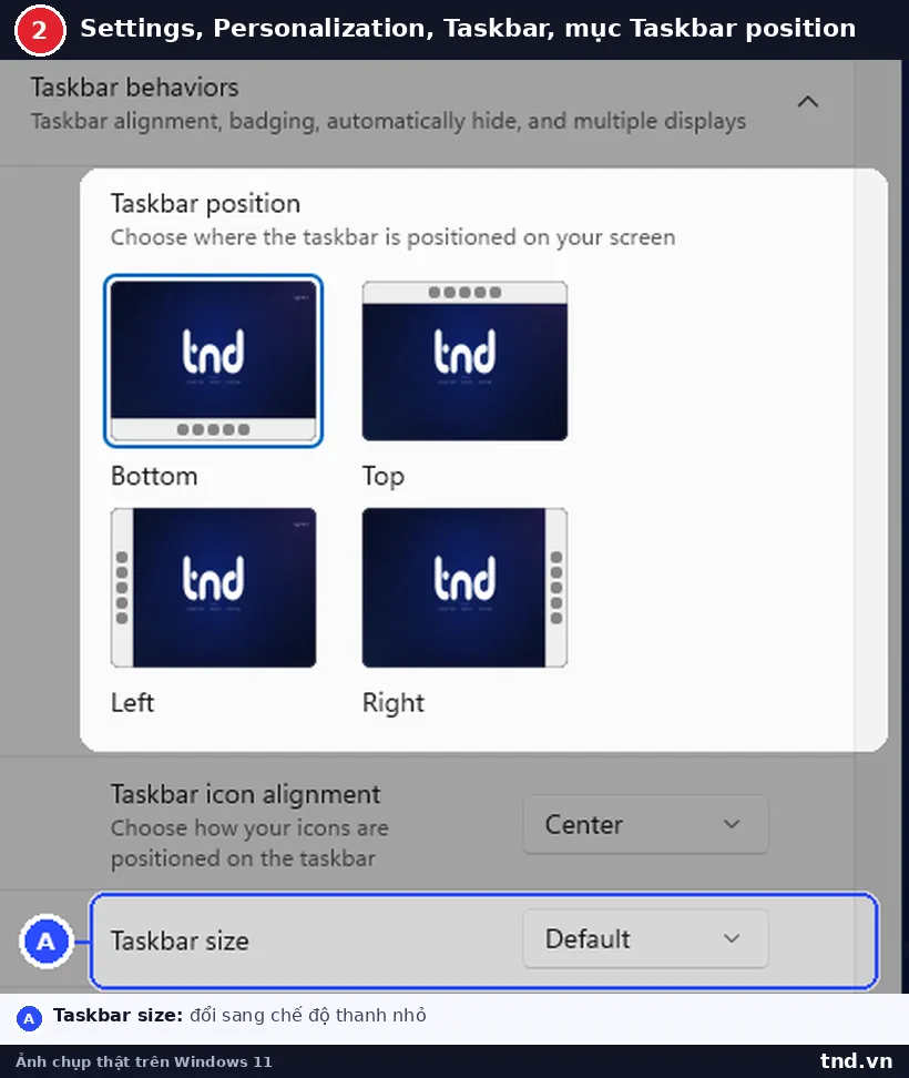 Mục Taskbar position trong Windows 11 26H2 với 4 lựa chọn Bottom, Top, Left, Right