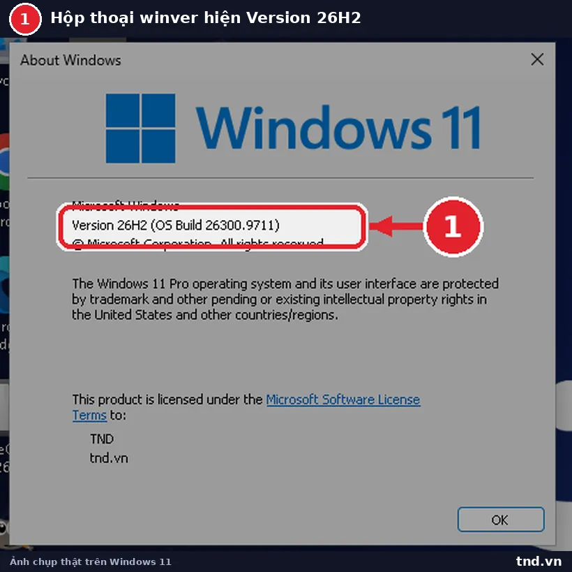 Hộp thoại About Windows hiện Version 26H2 (OS Build 26300.9711)