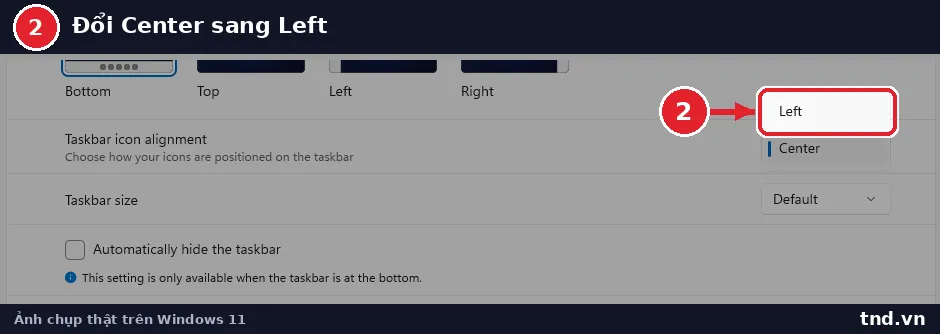 Danh sách Taskbar icon alignment với hai lựa chọn Left và Center