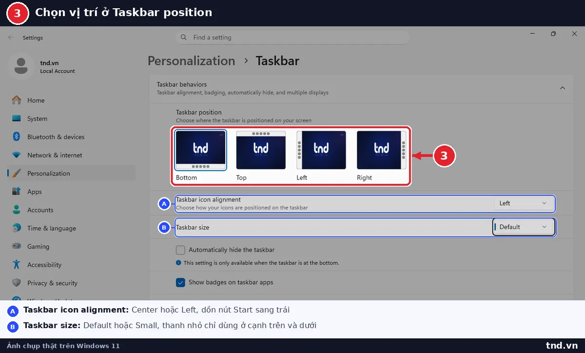 Mục Taskbar behaviors với bốn ô Bottom, Top, Left, Right của Taskbar position