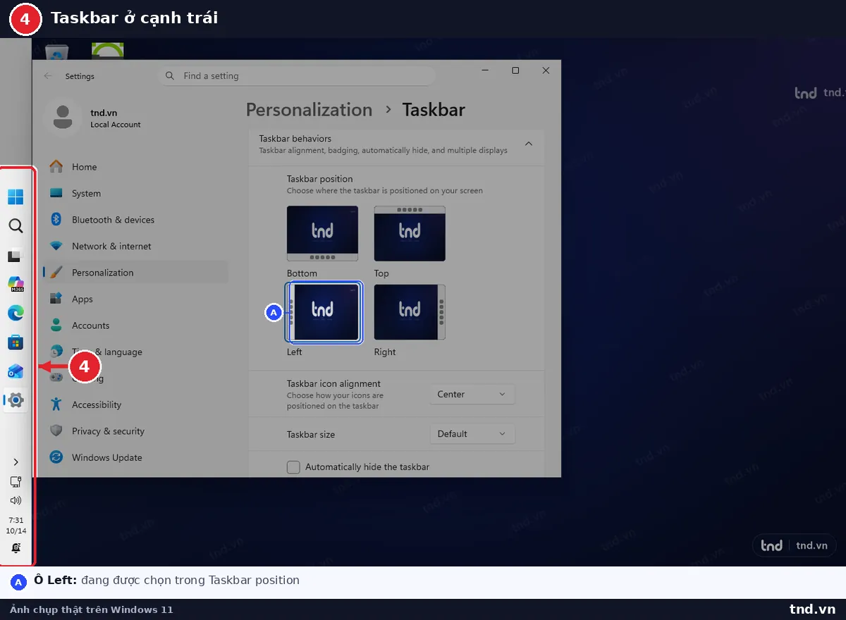 Thanh taskbar Windows 11 đặt dọc ở cạnh trái màn hình