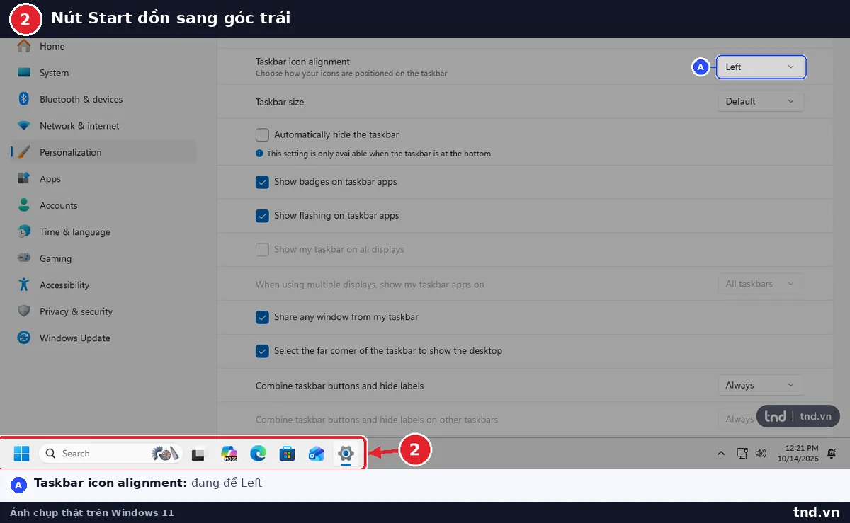 Thanh taskbar Windows 11 ở cạnh dưới với nút Start và biểu tượng dồn sang góc trái