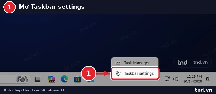 Menu chuột phải trên thanh taskbar Windows 11 với mục Taskbar settings