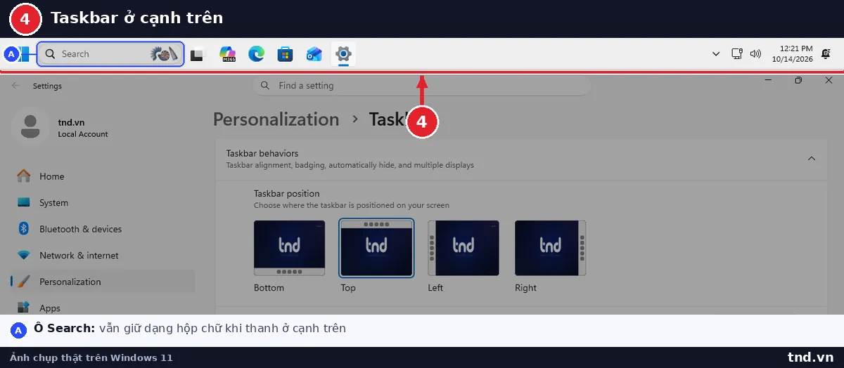 Thanh taskbar Windows 11 đặt ở cạnh trên màn hình, ô Search vẫn dạng hộp chữ