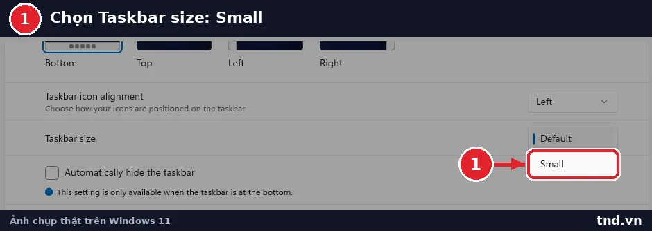 Danh sách Taskbar size với hai lựa chọn Default và Small