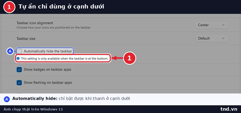 Dòng Automatically hide the taskbar kèm ghi chú chỉ dùng được khi thanh ở cạnh dưới