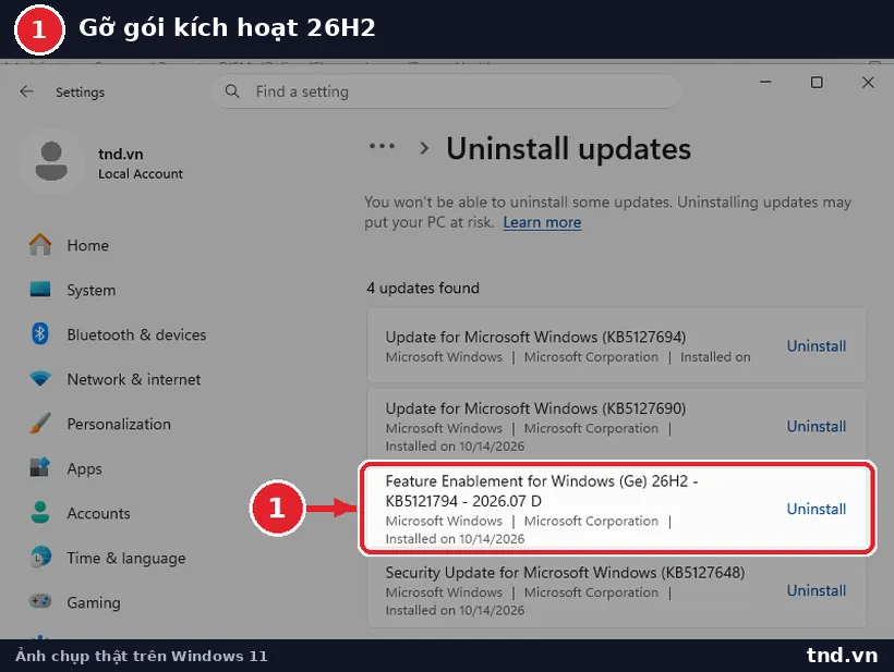 Trang Uninstall updates với mục Feature Enablement for Windows 26H2 KB5121794 và nút Uninstall