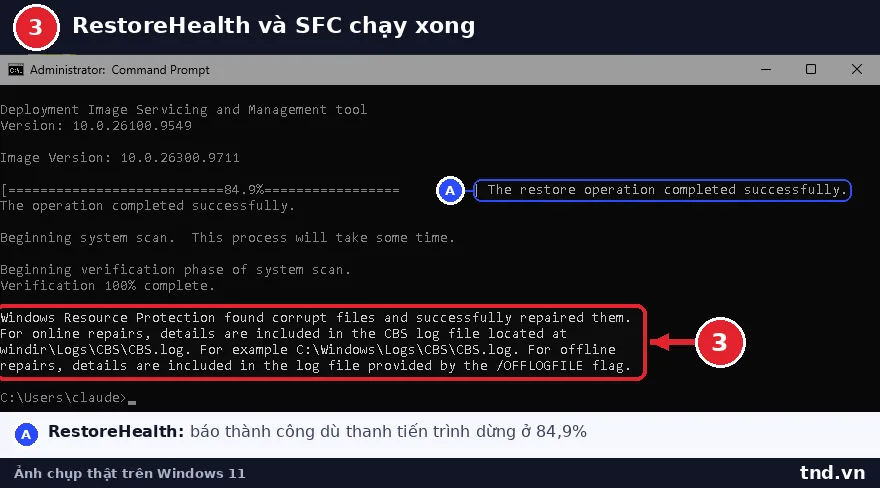Command Prompt sau khi chạy DISM RestoreHealth và sfc /scannow trên Windows 11 26H2, SFC báo đã sửa tệp hỏng