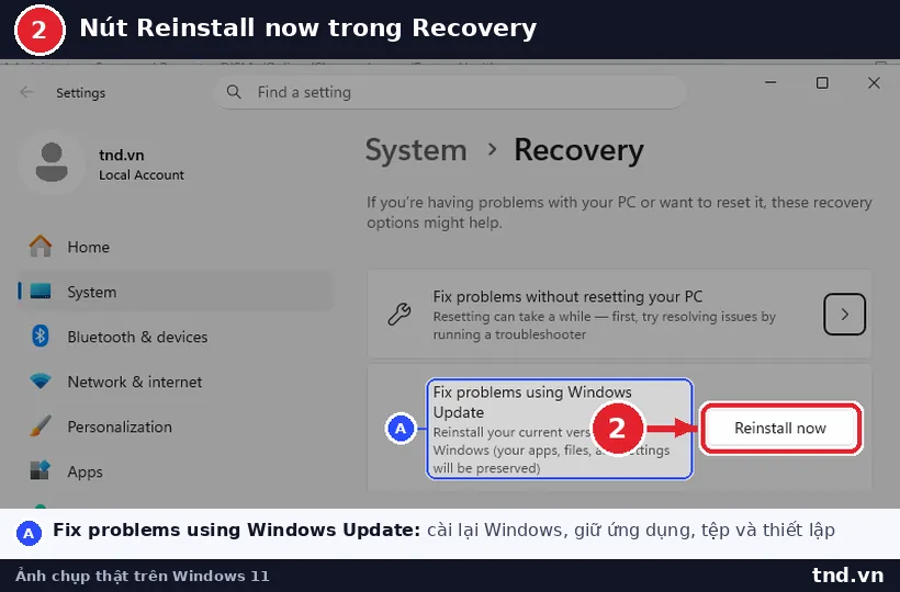 Trang Settings System Recovery với mục Fix problems using Windows Update và nút Reinstall now