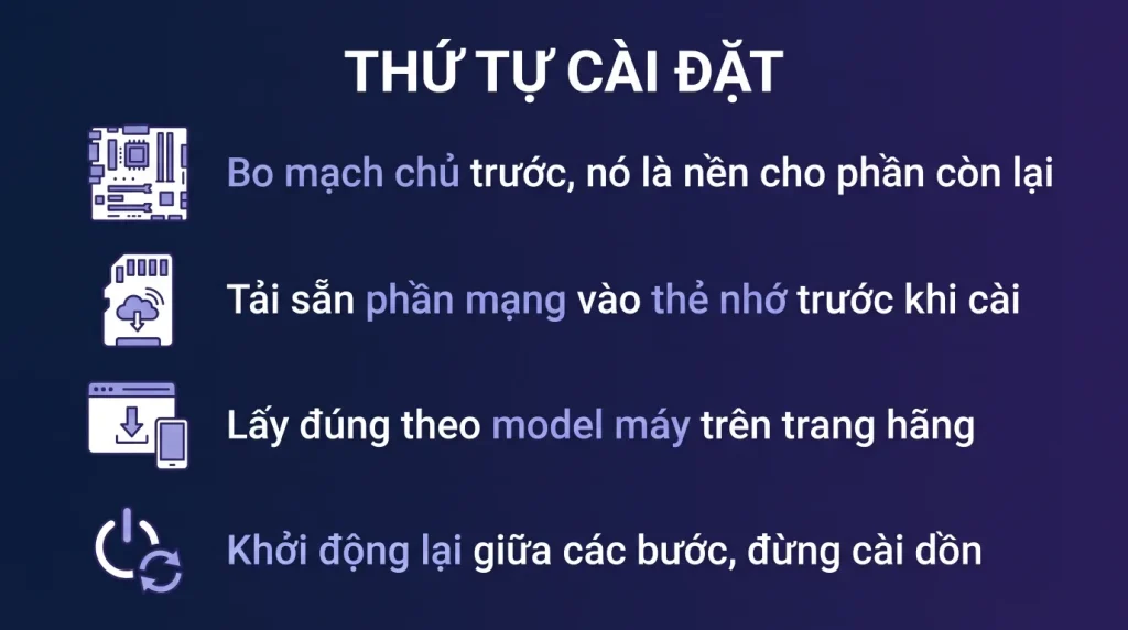 Cài driver theo đúng thứ tự sau khi cài lại Windows