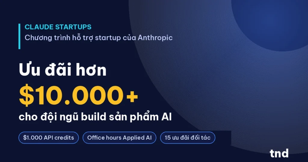 Claude Startups của Anthropic: trọn bộ ưu đãi hơn 10.000 USD cho đội ngũ build sản phẩm AI
