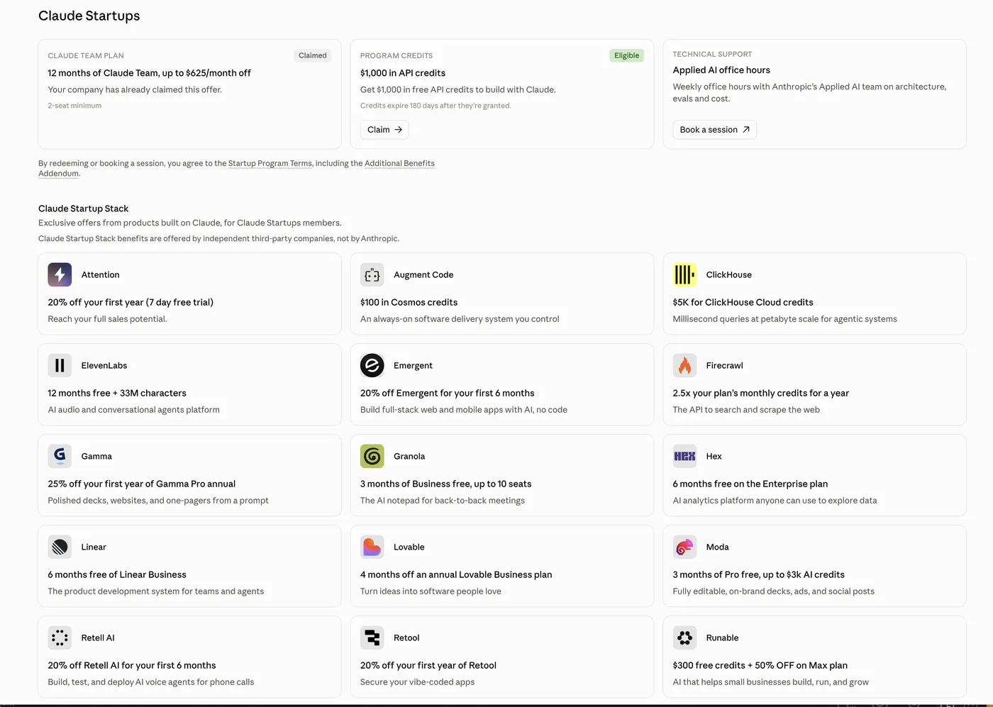 Trang quyền lợi Claude Startups: Claude Team, 1.000 USD API credits, office hours và Claude Startup Stack