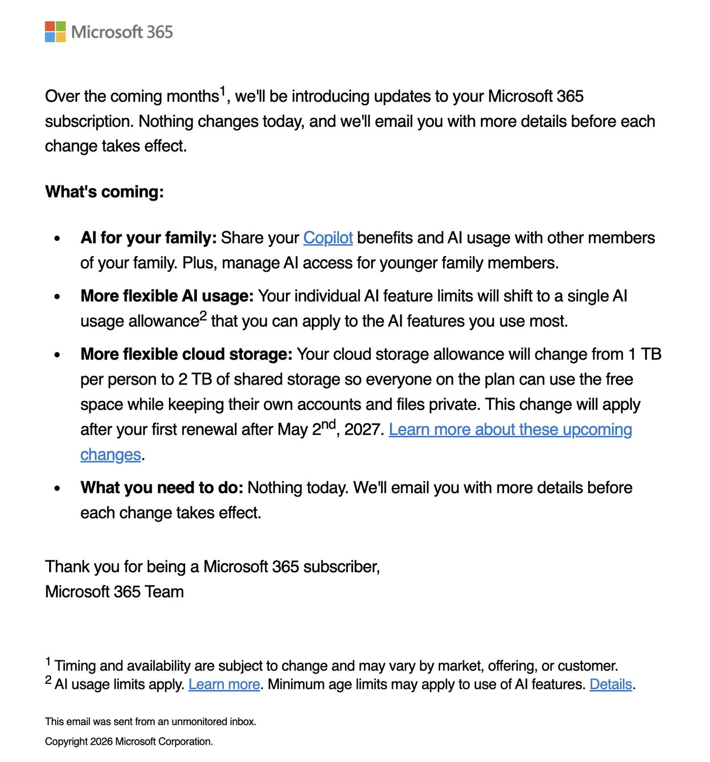 Email gốc Microsoft gửi người dùng Microsoft 365 thông báo các thay đổi sắp tới