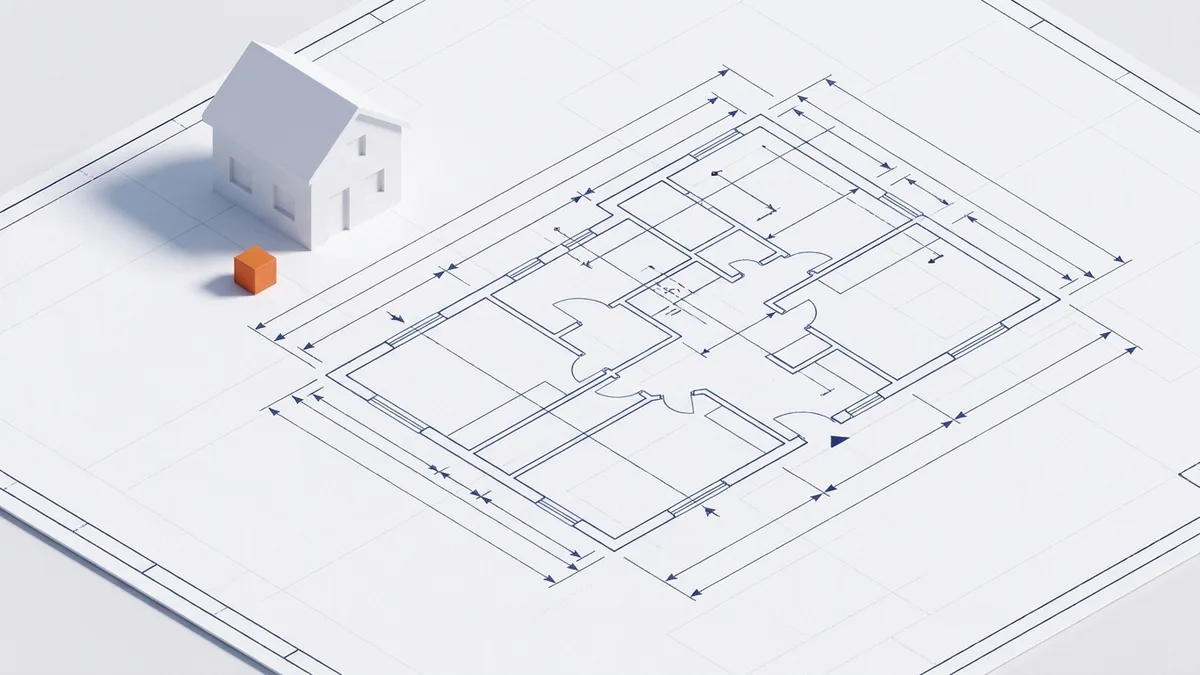 Bản vẽ mặt bằng 2D và mô hình nhà trên giấy vẽ kỹ thuật